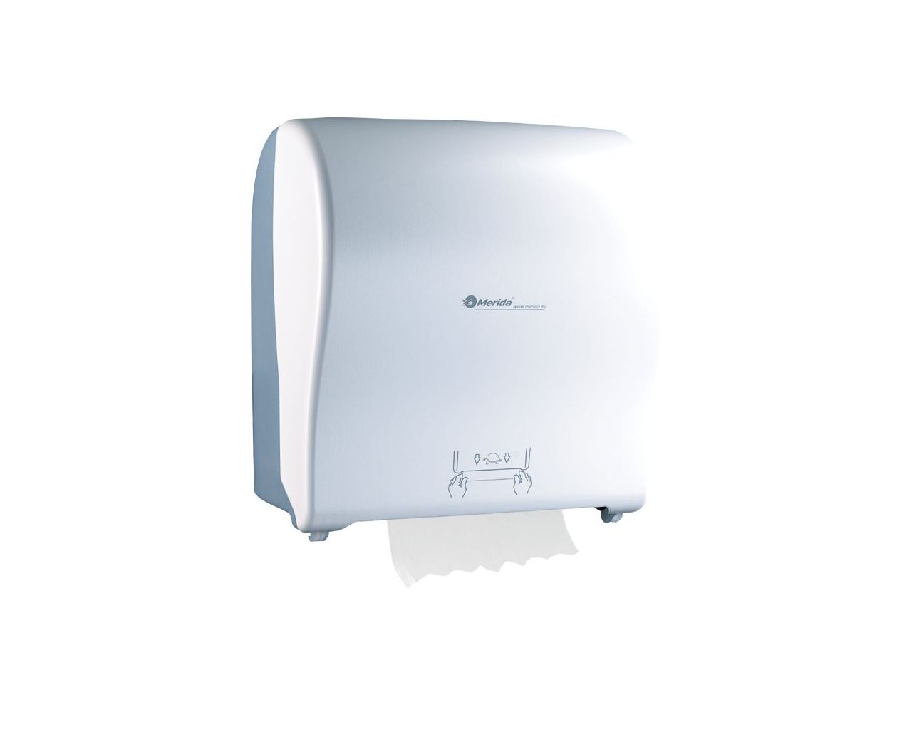 CJB304 Механический диспенсер для бумажных полотенец в рулонах SOLID CUT AUTOMATIC MAXI, АБС-пластик, полностью белая лицевая сторона - глянцевая, прозрачная светлая задняя - глянцевая Merida  - Вид №1