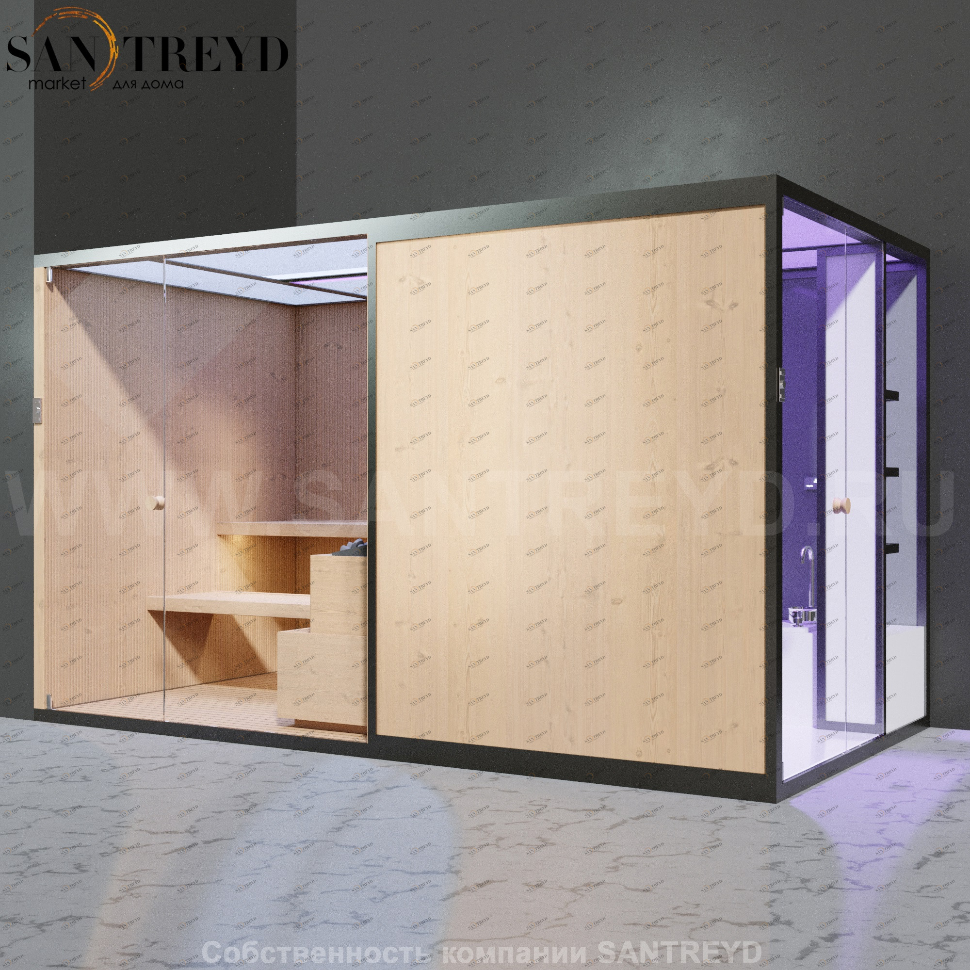 Effegibi BODYLOVE SH BL45130004 Боковая комбинированная баня: хаммам и сауна. Установка: в левый угол. Мощность: 15 кВт макс. Размеры: длина 393 см, ширина 176 см. Отделка: канадский хемлок, гладкое стекло и гладкий хемлок.