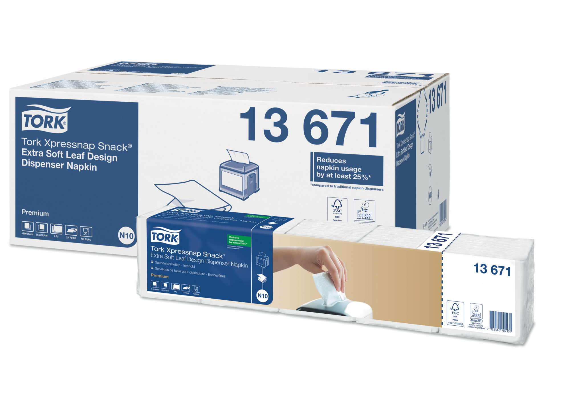 1367142 Экстрамягкие белые диспенсерные салфетки Xpressnap Snack® с декором в виде листьев Tork 
