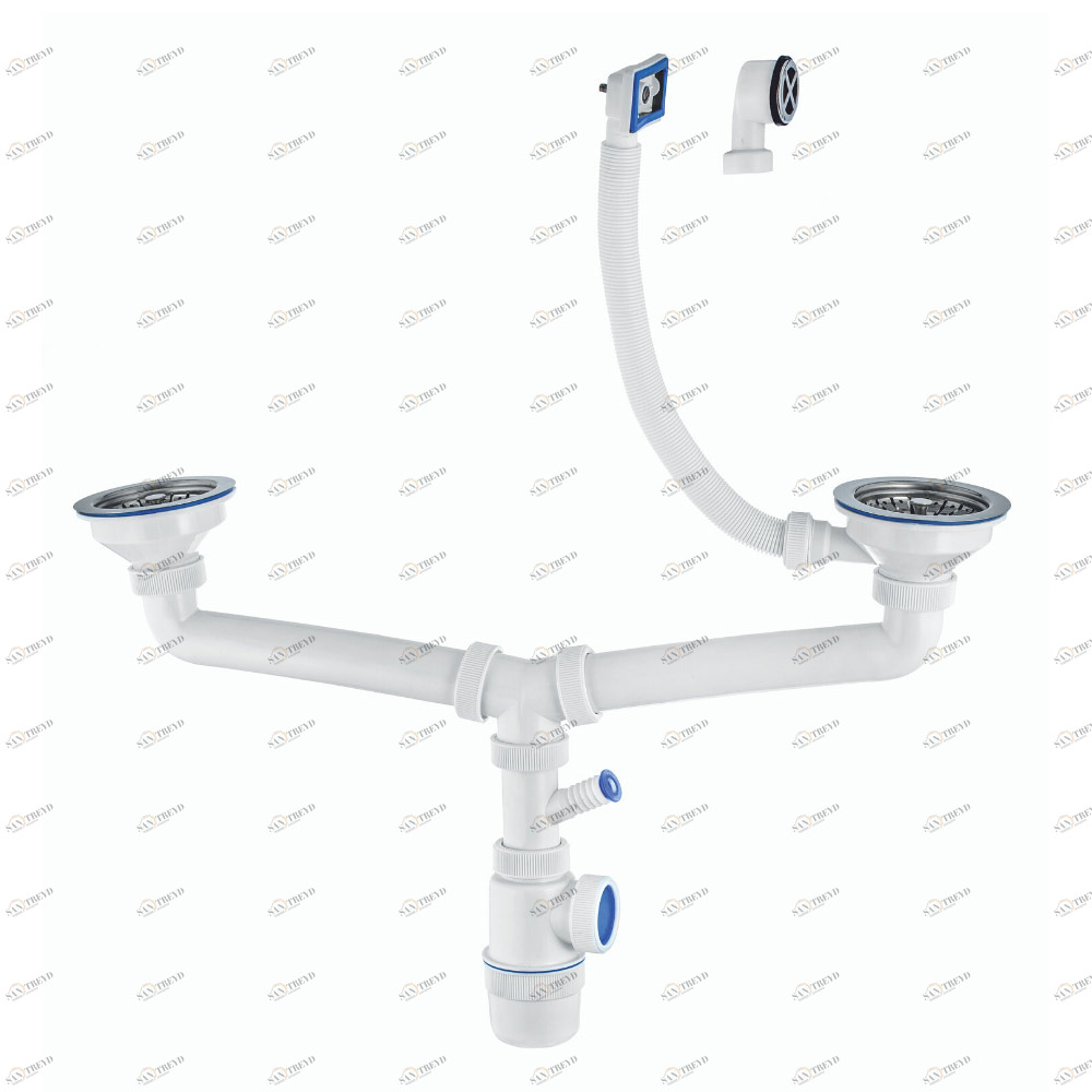 Сифон "Элит" (30987088) для двойной мойки с нерж.чашками д112отводом к стир.м. и переливами 30987088 Santreyd 