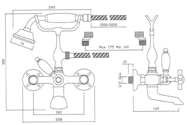 BLEU PROVENCE Смеситель для ванны настенный из латуни с ручным душем Rubinetti per vasca Rv110 - Вид №1