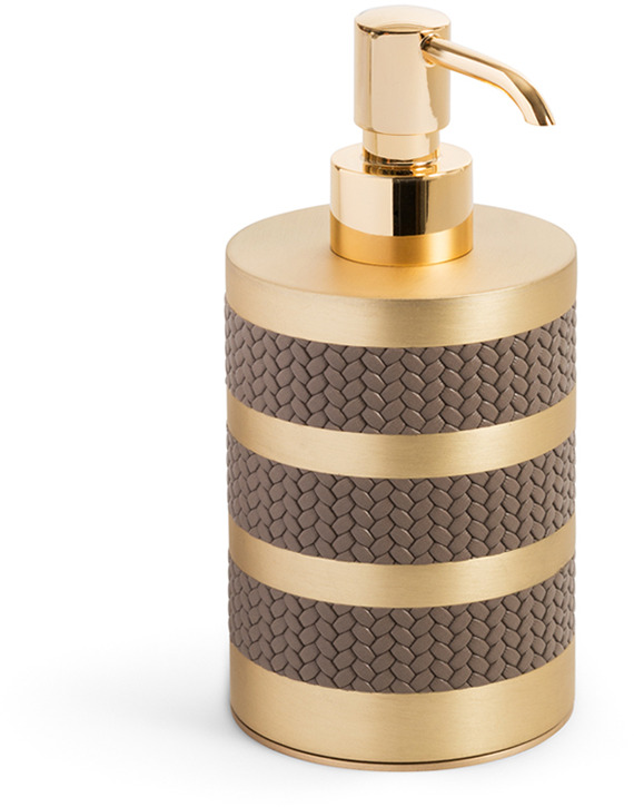 Дозатор для мыла Saturno - Ø 8XH17 см / металлическая отделка_сатинированная латунь / зерненая кожа_земля