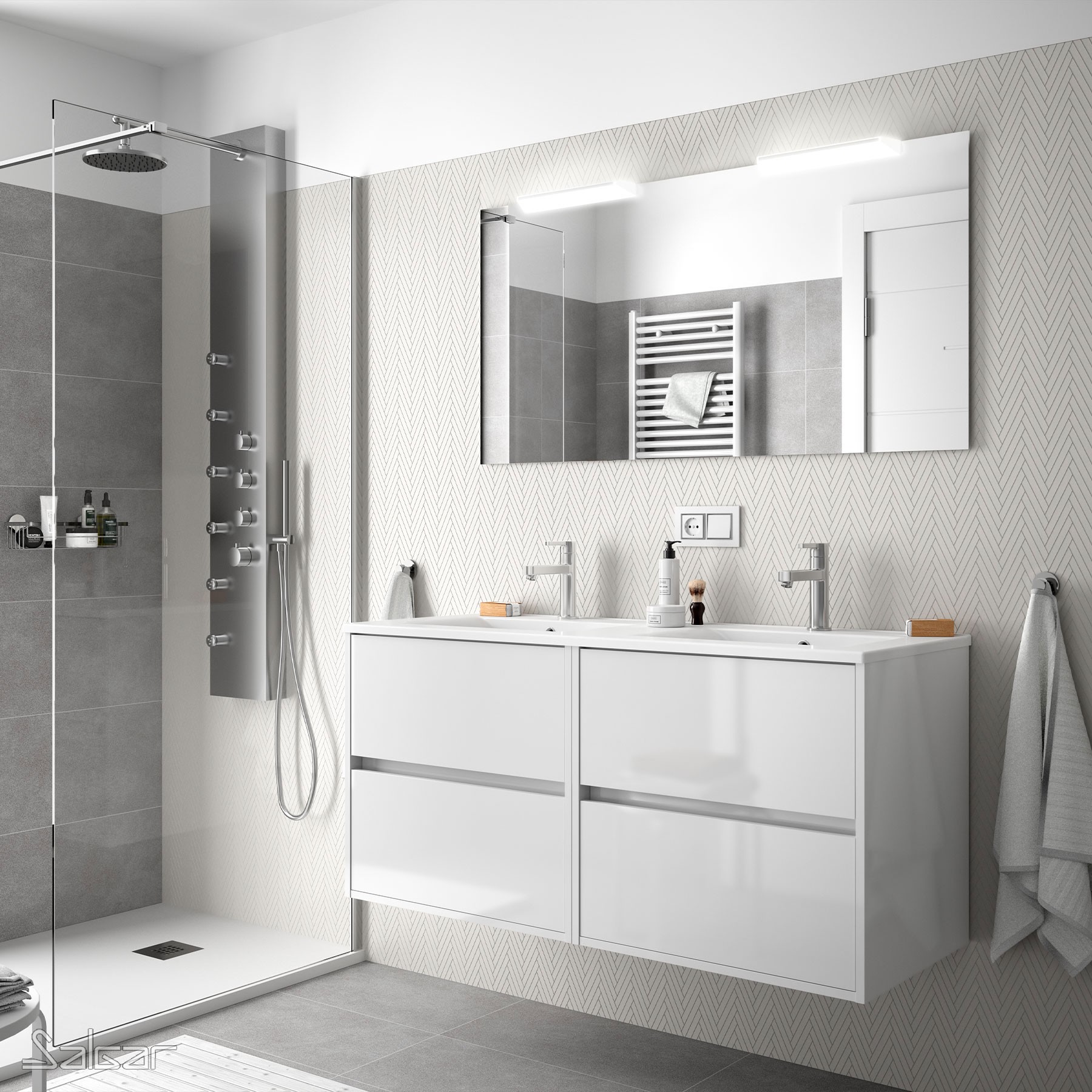 85085 SALGAR Комплект мебели для ванной NOJA 1200 WHITE GLOSS LACQUERED + Раковина + Зеркало + Свет Глянцевый белый