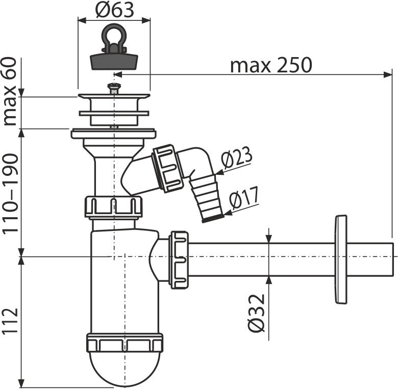 Сифон для умывальника DN32 со штуцером и пластмассовой peшeткой DN63 ALCAPLAST A420P - Вид №1