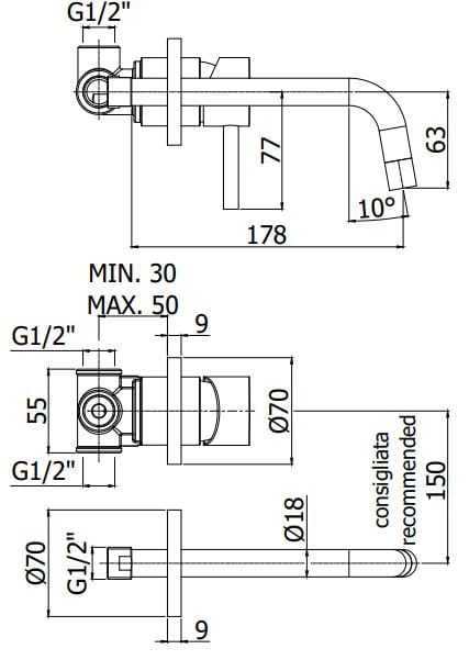 Настенный смеситель для раковины с 2 отверстиями RUBINETTERIA PAFFONI Light ARCH-00053776 - Вид №4