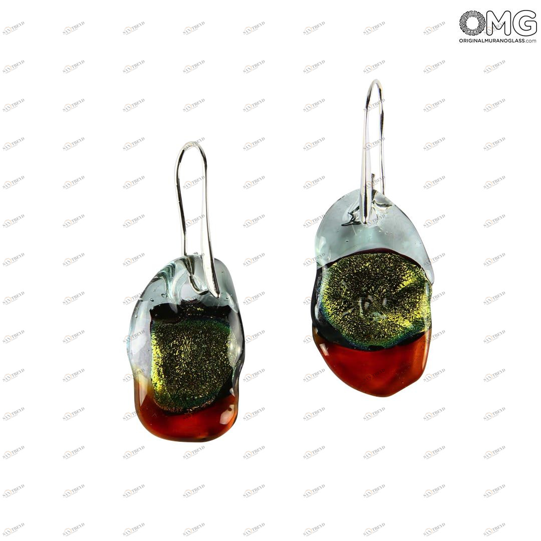 2464 ORIGINALMURANOGLASS Трёхцветные серьги из стекла соммерсо - зелёный и оранжевый - муранское стекло - Original Murano Glass OMG 2 см 