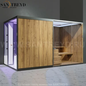 Effegibi BODYLOVE SH BL45240001 Боковая комбинированная баня: хаммам и сауна. Установка: в правый угол. Мощность: 15 кВт макс. Размеры: длина 393 см, ширина 176 см. Отделка: термообработанная древесина, трубчатое стекло и гладкая термообработанная древеси