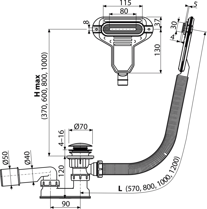 Сифон для ванны CLICK/CLACK с плоским переливом, хром ALCAPLAST A516CKM - Вид №1