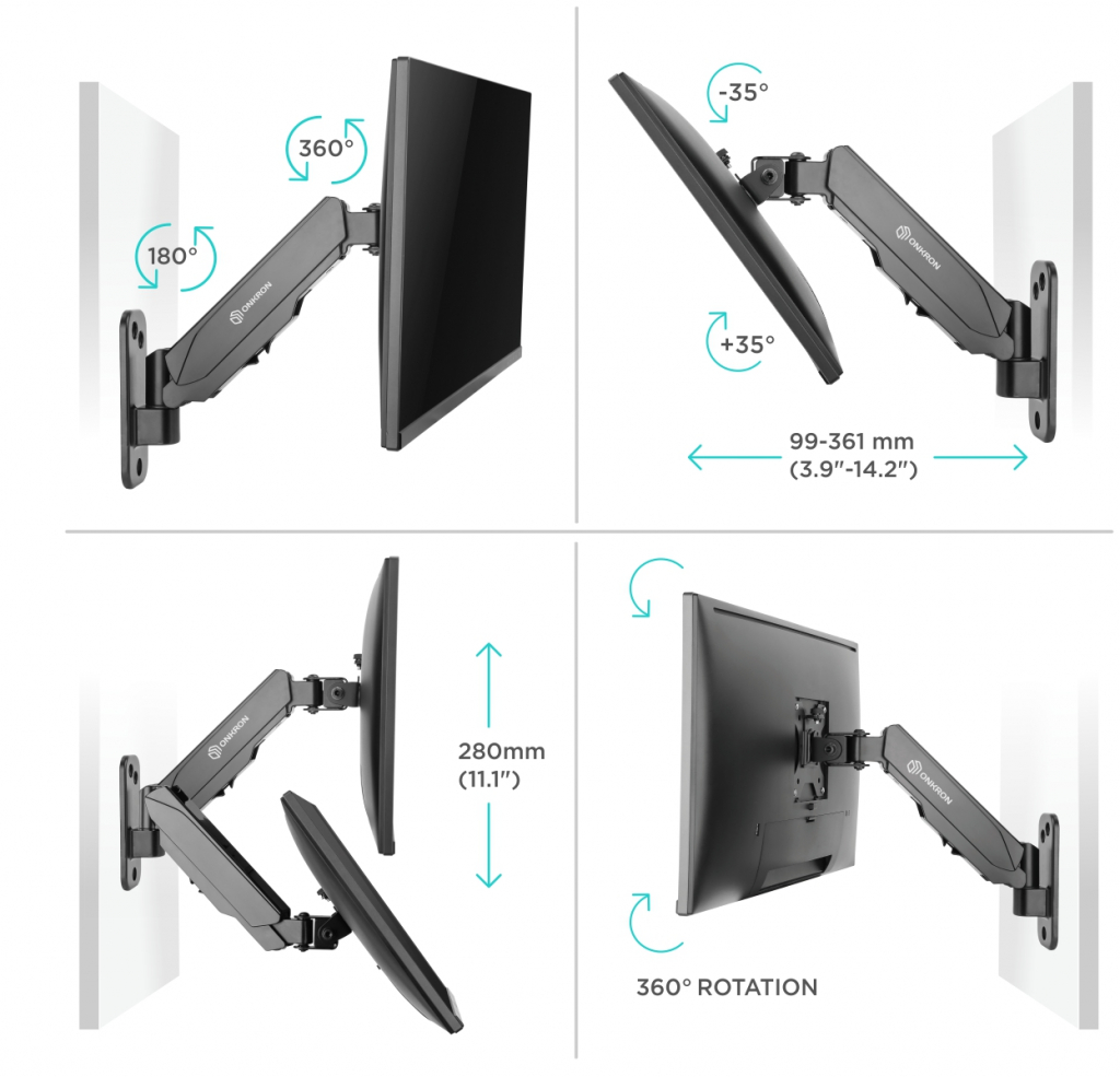 ONKRON G120 BLACK Кронштейн настенный для монитора / 13-32" 1 колено, макс. 100*100, струбцина, наклон -35º+35º поворот 180º, расстояние от стены 85-361мм, макс.перемещение по вертикали 280мм, кабель-канал, пружина, нагрузка 1-8кг ONKRON Santreyd  - Вид №2