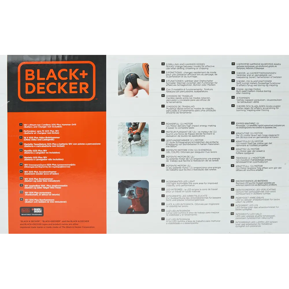 Перфоратор аккумуляторный SDS-plus Black&Decker BCD900B-XJ, 18 В, 1.2 Дж, без АКБ и ЗУ BLACK + DECKER STLM-2166100 - Вид №6