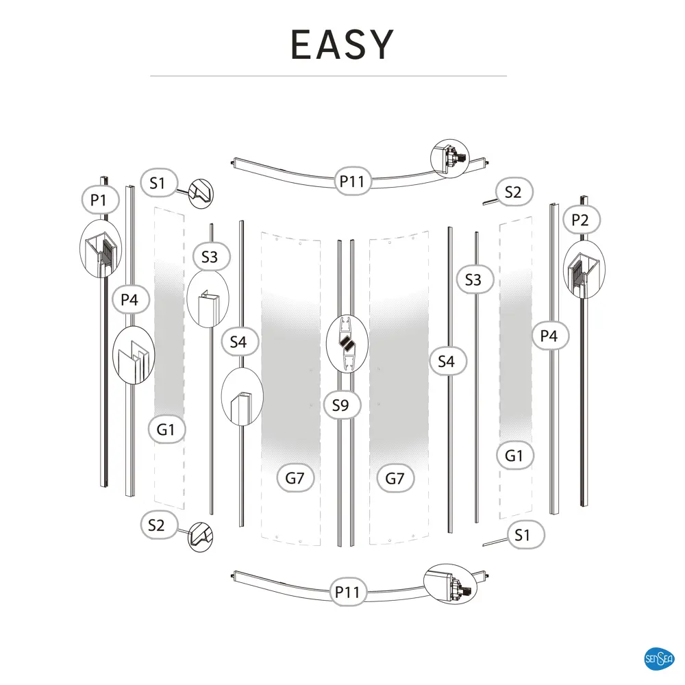 Комплект стекол для душевой ширмы Sensea Easy 1/4 круга 90x90 см с шелкографией, цвет профиля на выбор 88103647 STLM-2106768 - Вид №21