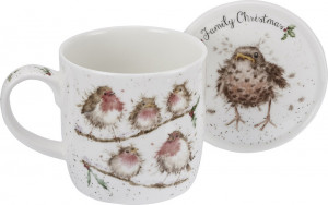 10594085 Royal Worcester Кружка с подставкой  Royal Worcester "Забавная фауна", "Семейное рождество" (Птицы) 310мл Фарфор костяной