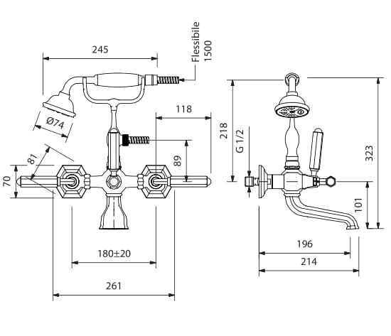 Настенный смеситель для ванны с 2 отверстиями и ручным душем Park Avenue Dark Black ARCH-00000732 - Вид №1