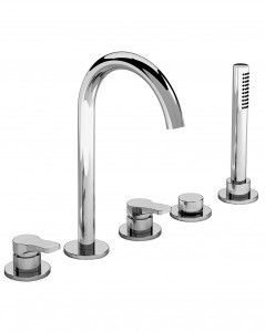 B265  Набортный смеситель для ваннывылет 16 см ручки на 5 отверстий переключатель на 2 потока с кнопкой ручная лейка FIT гибкий шланг 150 см картридж керамический 90° впуски 3/4'' подводка Fantini Rubinetti AL/23