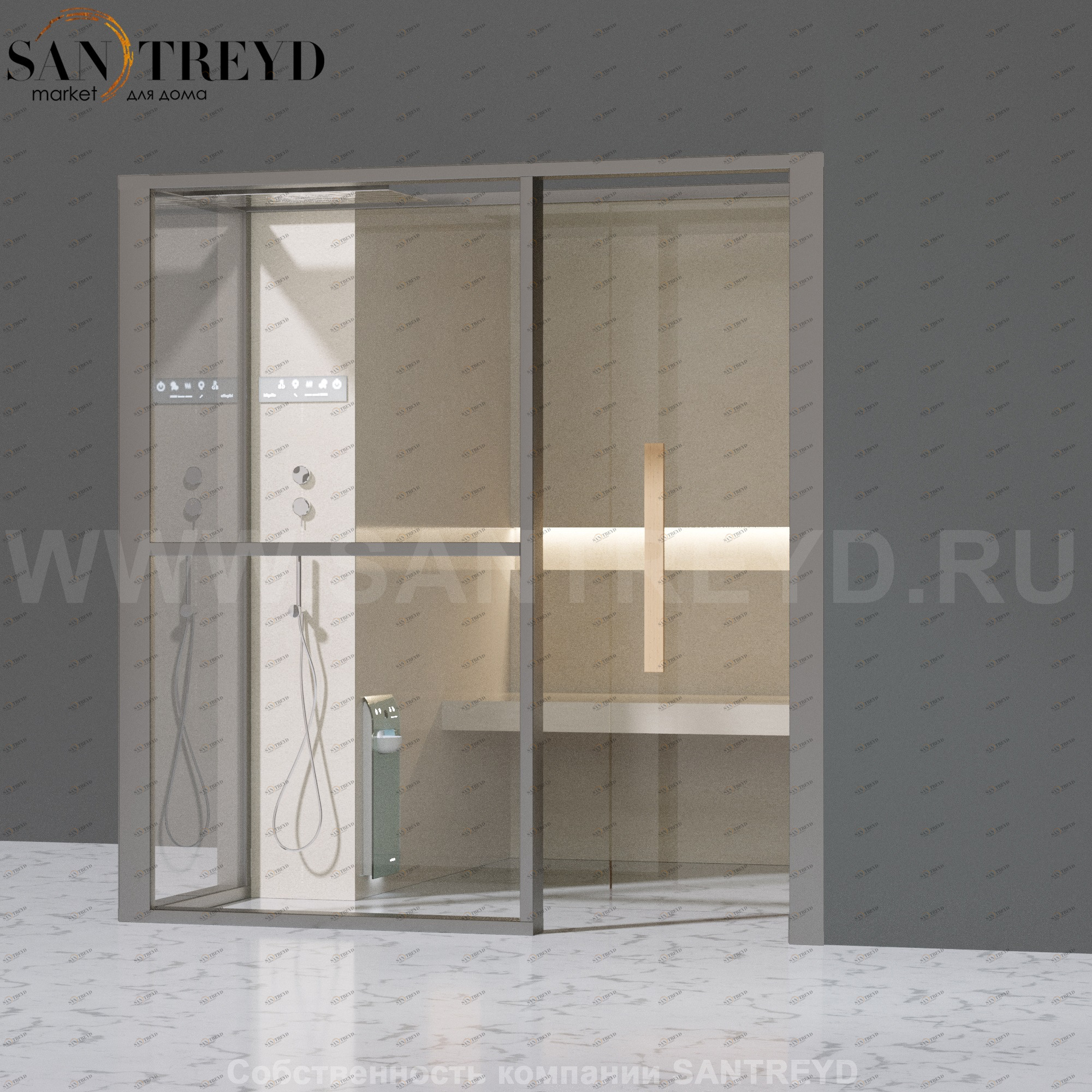 Effegibi LOGICAFILO H LO31010008 Хаммам. Установка: в правый угол. Левая дверь. Мощность: 4,5 кВт макс. Размеры: длина 214 см, ширина 250 см. Отделка: матовый лакированный серый аллюминий и бежевый ламинат из керамогранита.