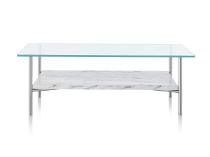 Прямоугольный стеклянный и металлический журнальный столик с полкой