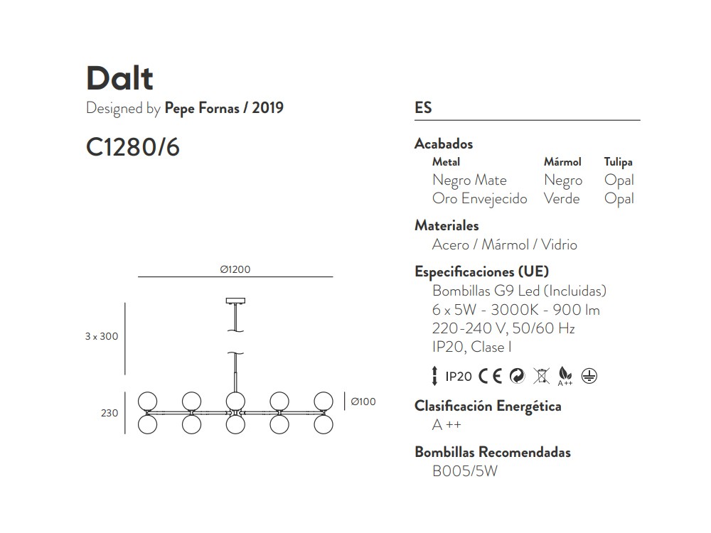 092134 Люстра 6L черная - черный мрамор Aromas del Campo Dalt - Вид №1