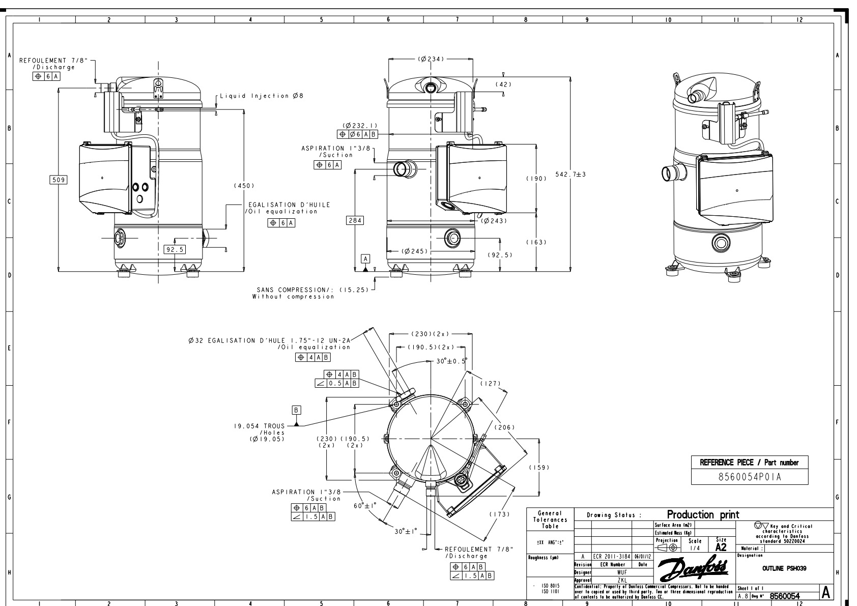Danfoss PSH — Герметичные спиральные компрессоры, R410A PSH030A4CLD Компрессор спиральный 120H0937  - Вид №9