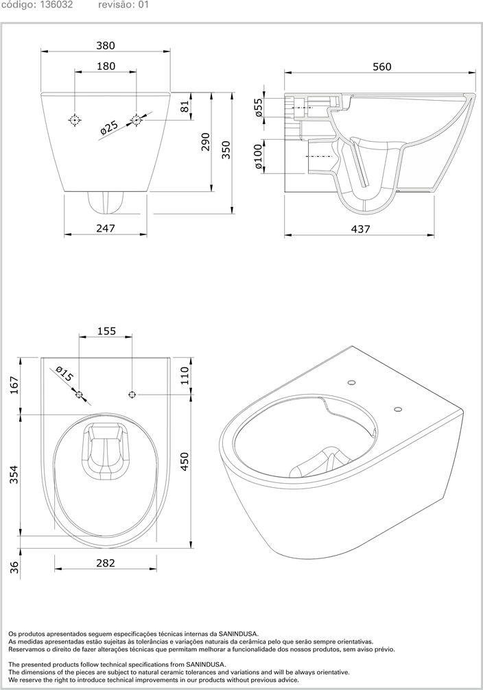 136032004 Подвесной унитаз настенный Белый Sanindusa Sanlife Португалия - Вид №1