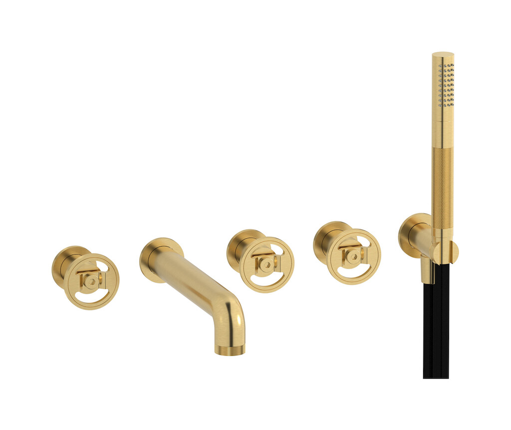 Настенный смеситель для ванной на 5 отверстий с дивертером и душевым гарнитуром. WE ARE IB b1398os Brushed Gold Bold