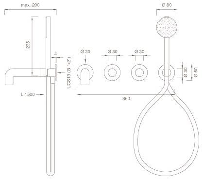 Ceadesign Настенный комплект из 2 смесителей для ванны с ручным душем Cartesio Car 55h - Вид №1