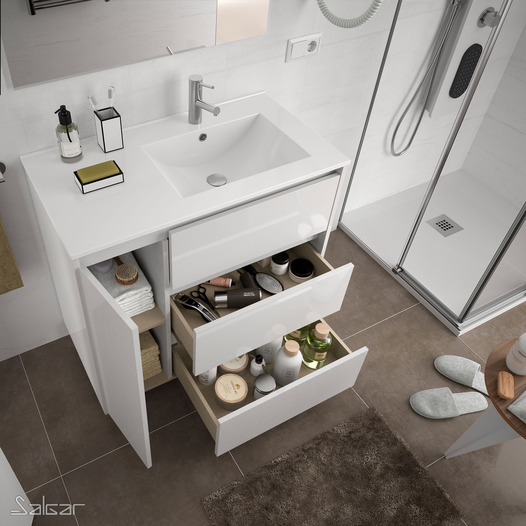 85127 SALGAR Мебель под умывальник ARENYS 855 1 дверь левая WHITE GLOSS LACQUERED + Раковина Глянцевый белый - Вид №1