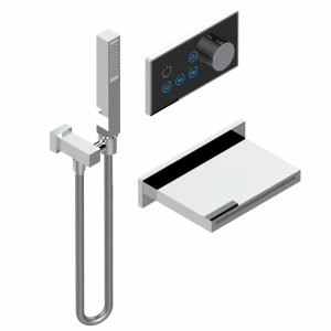 D14-6712N Комплект для ванны Electrobox (включающий настенный смеситель с каскадным изливом, квадратный ручной душ и смеситель с черной панелью, встраиваемый корпус и трансформатор) Thg-paris Electrobox Хромированный