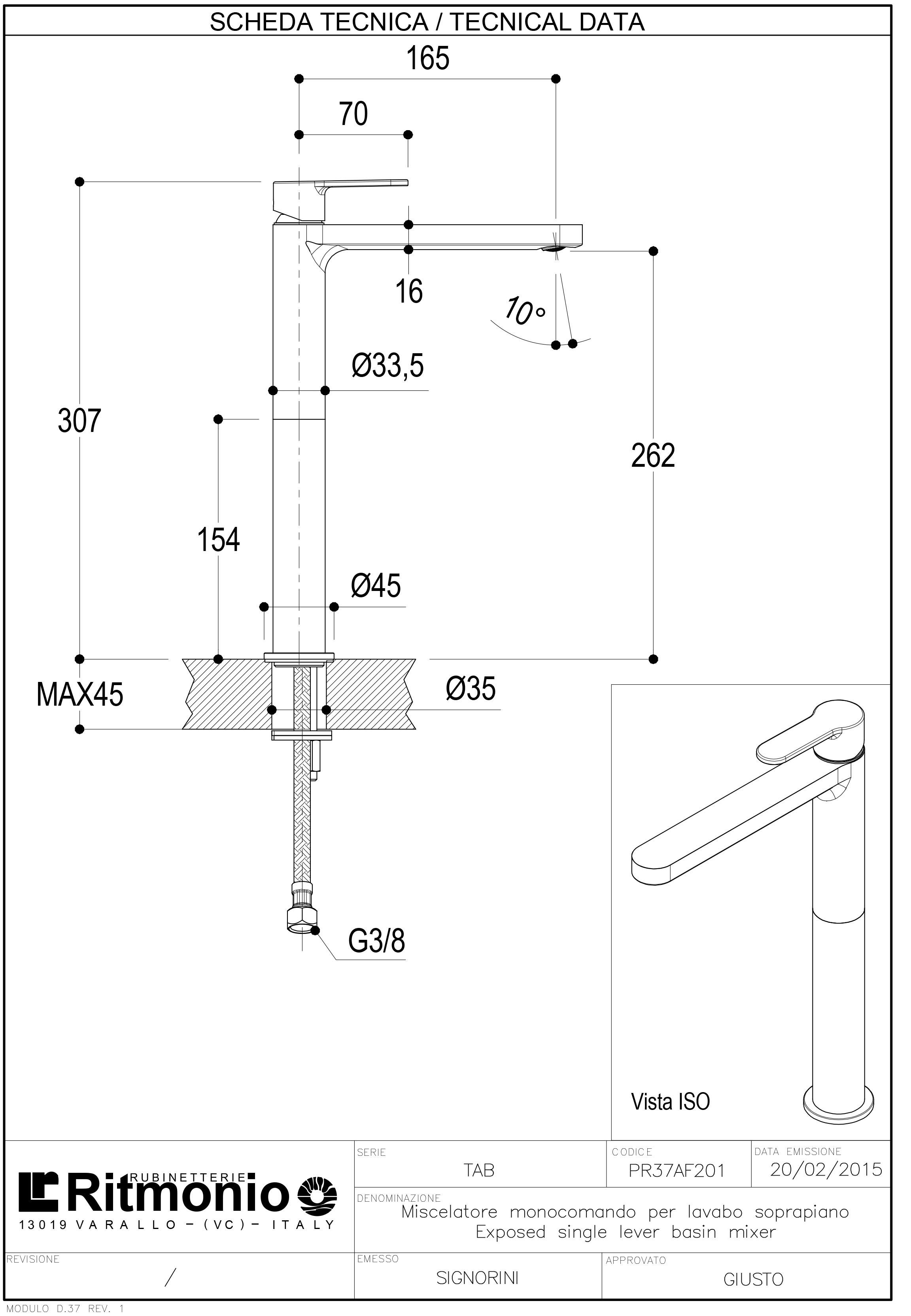 Однорычажный смеситель для раковины с одним отверстием Ritmonio ARCH-00066378 - Вид №2