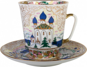 80394 Императорский фарфоровый завод Чашка с блюдцем "Русь" "Майская" Фарфор костяной