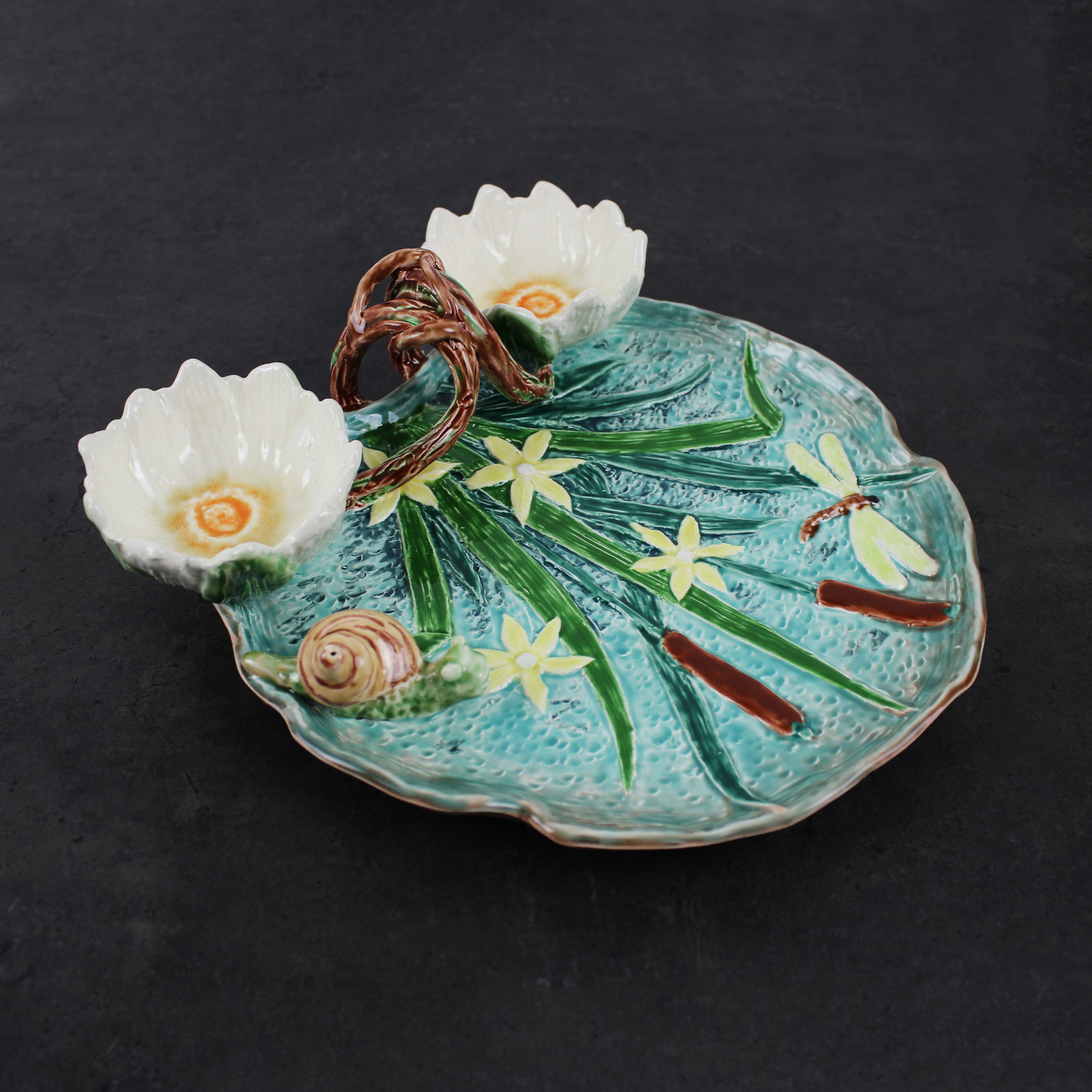 Блюдо для закусок (с двумя кувшинками) Голубой/Ящерица PROVANSFAIENCE sun-id-994524 - Вид №5