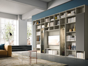 Деревянный настенный книжный шкаф с освещением с подставкой для телевизора