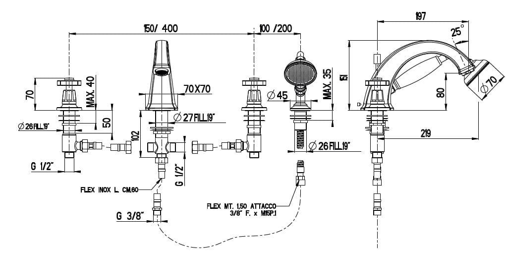 Смеситель для ванны с 4 отверстиями и ручным душем Gaia Mobili Complements ARCH-00017245