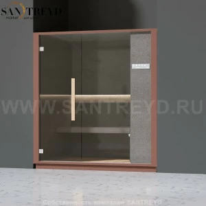 Effegibi ONE H LO60030009 Хаммам. Установка: в нишу. Правая дверь. Мощность: 4,5 кВт макс. Размеры: длина 214 см, ширина 171 см. Отделка: матовый лакированный коричневый аллюминий и темный ламинат из керамогранита.