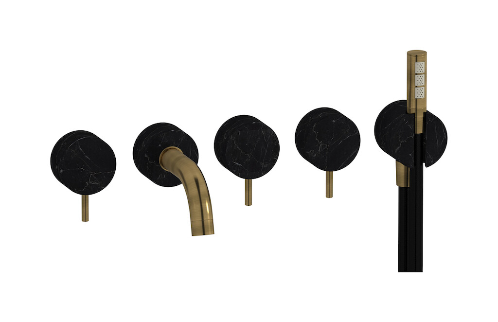 Настенный смеситель для ванной на 5 отверстий с дивертером и душевым гарнитуром. WE ARE IB mr398mb_2 Modern Bronze Marmo