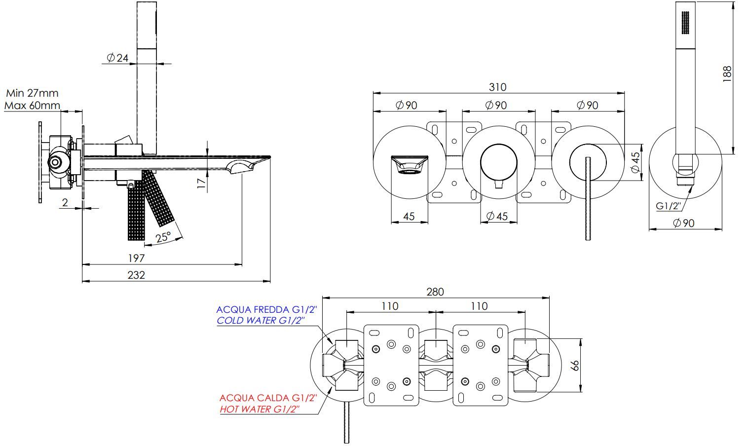 Настенный набор для ванны с 4 отверстиями и ручным душем Daniel Rubinetterie Club ARCH-00118861 - Вид №2