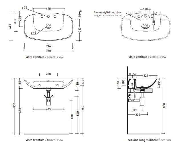 Керамическая подвесная раковина с переливом Ceramica Flaminia обнаженная ARCH-00079630 - Вид №1