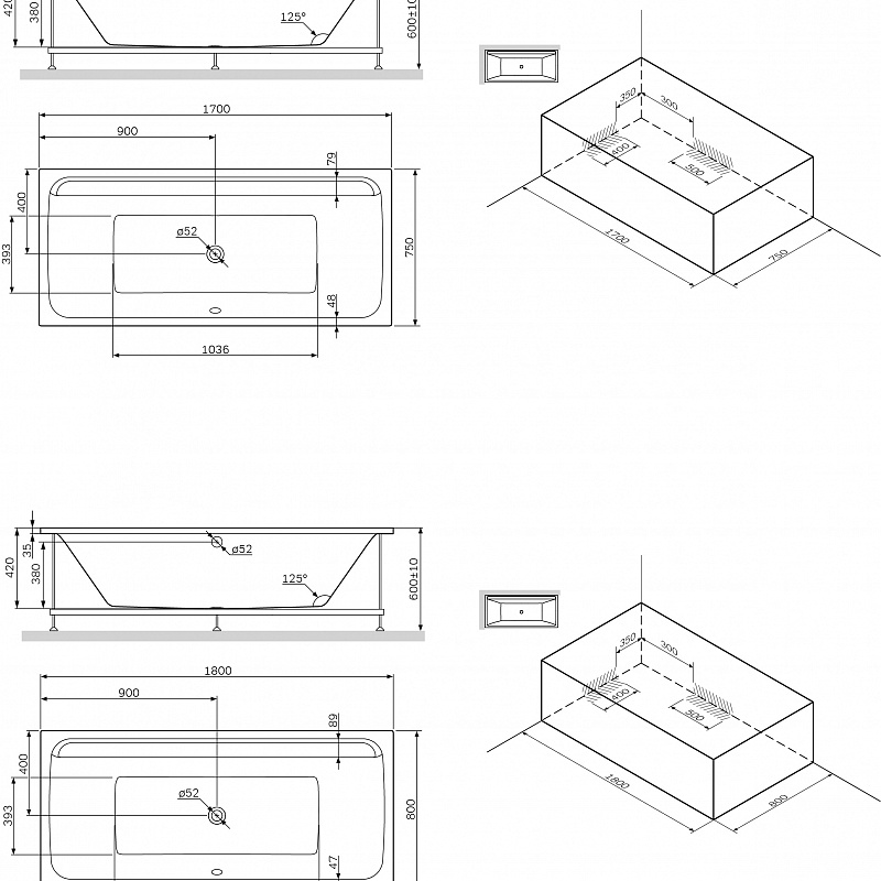 W52A-170-075W-R каркас для ванны 170х75 комплект AM.PM Inspire 2.0  - Вид №1