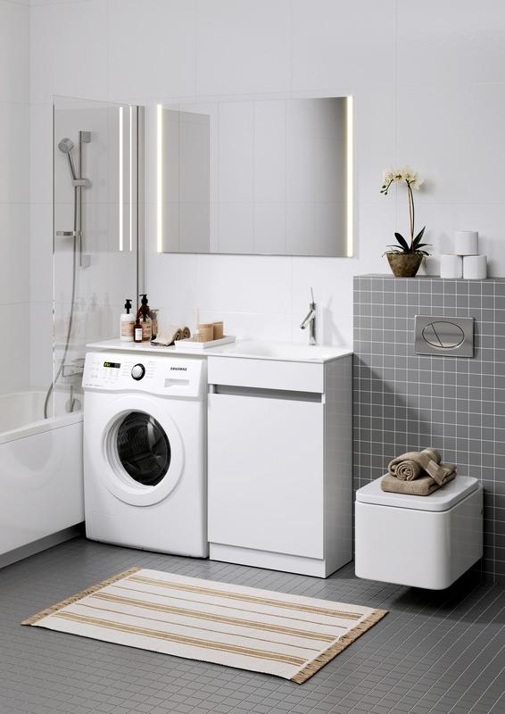Forma напольная тумба с бельевой корзиной справа и двумя отсеками для хранения хозяйственных принадлежностей с умывальником с крылом под стиральную машинку 115 см AQWELLA FOR1104DR - Вид №2