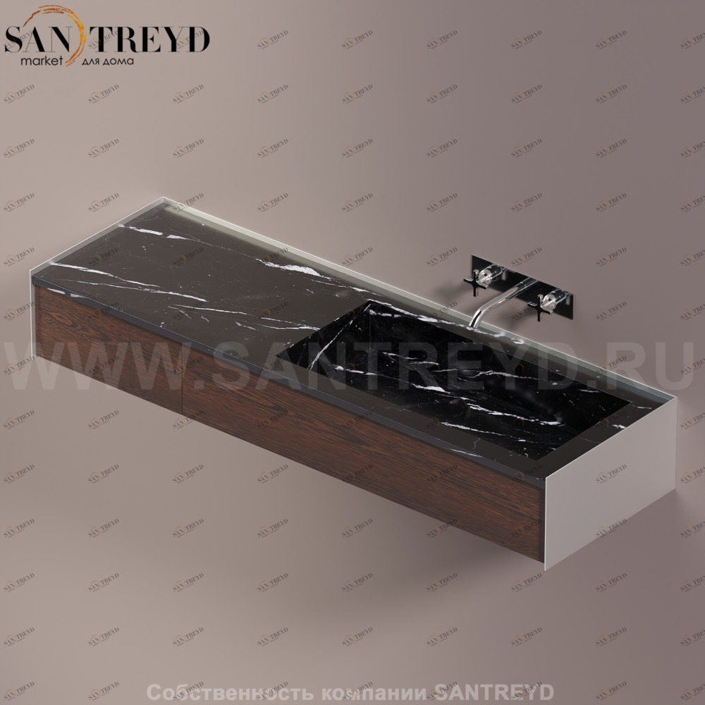 Agape DR Раковина столешница 160 см, с 2-мя выдвижными ящиками. Отделка: хромированный сатин, черный мрамор и коричневый дуб ADRP16DSPNMRU