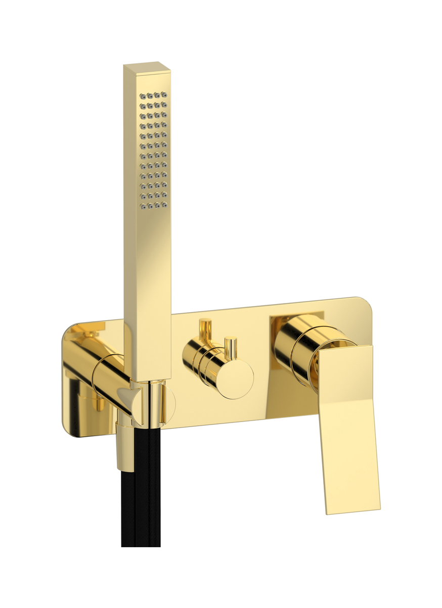 Внешние части встроенного в стену смесителя на 3 потребителя в комплекте с душевым гарнитуром. WE ARE IB wa202sr Pale Gold Wave