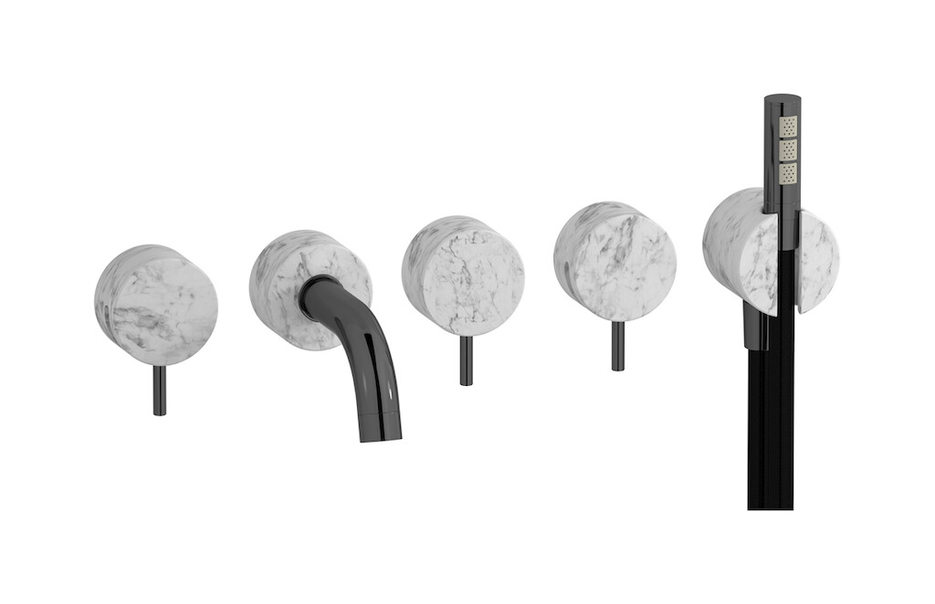 Настенный смеситель для ванной на 5 отверстий с дивертером и душевым гарнитуром. WE ARE IB mr398cf_1 Black Chrome Marmo