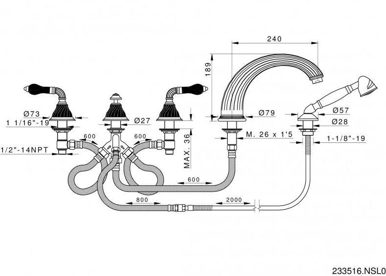 Bronces Mestre Комплект для ванны на 3 отверстия с ручным душем Artica with porcelain 233516.nsl0.5 - Вид №1
