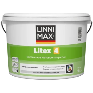 Краска для внутренних покрытий моющаяся Linnimax Linnimax Litex 4 Б1 матовая цвет белый база A 9 л