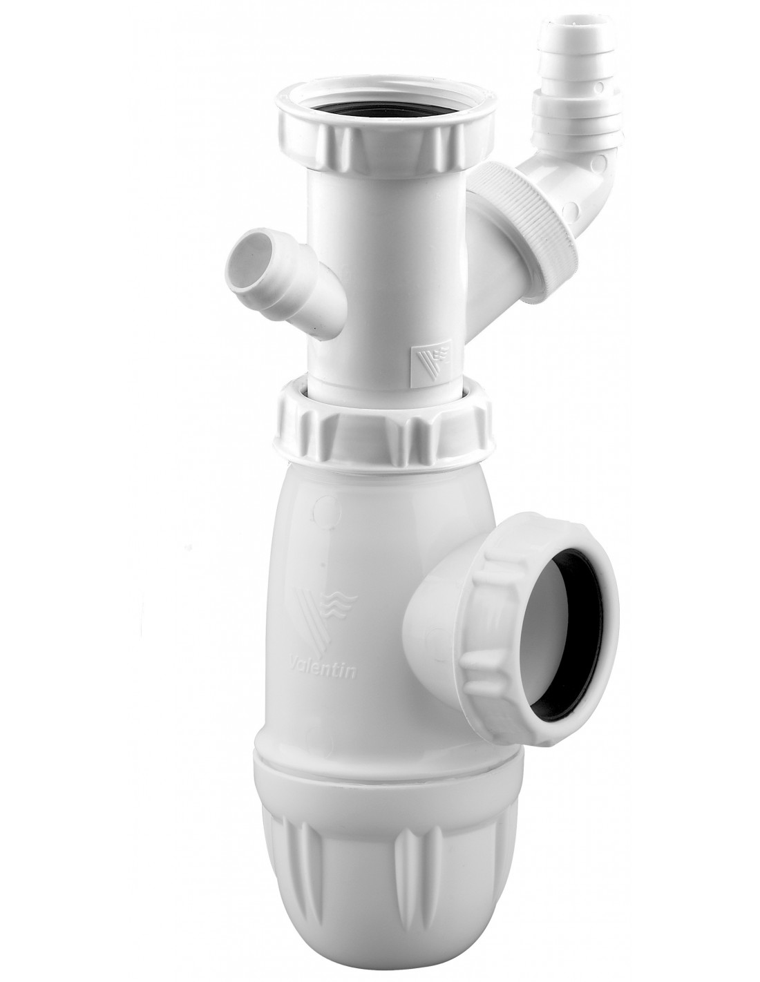 752200 001 00  Сифон для мойки со стиральной машиной и пробкой перелива, Д. 40 мм, сертифицирован NF, пластик Valentin Белый 