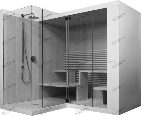 7503..002011000 Сауна Inipi Ama, пристенный и угловой вариант Inipi #7503 2350 x 2205 x 2220 мм Белый глянцевый декор Duravit 