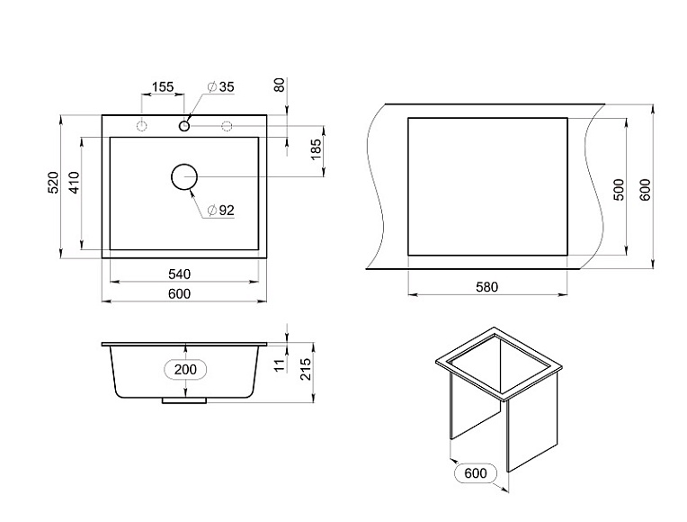 6001, ЧЁРНЫЙ, кухонная мойка, кварц GRANULA 6001-ST124 - Вид №3