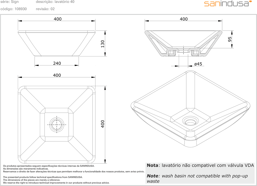 108930004 Накладная раковина на столешницу  квадратная Sanindusa  - Вид №1