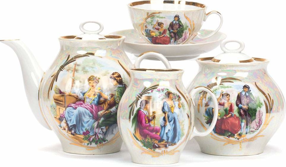 10631334 Дулевский фарфор Сервиз чайный 6/15 "Белый лебедь" "Прогулка в усадьбе " Фарфор 