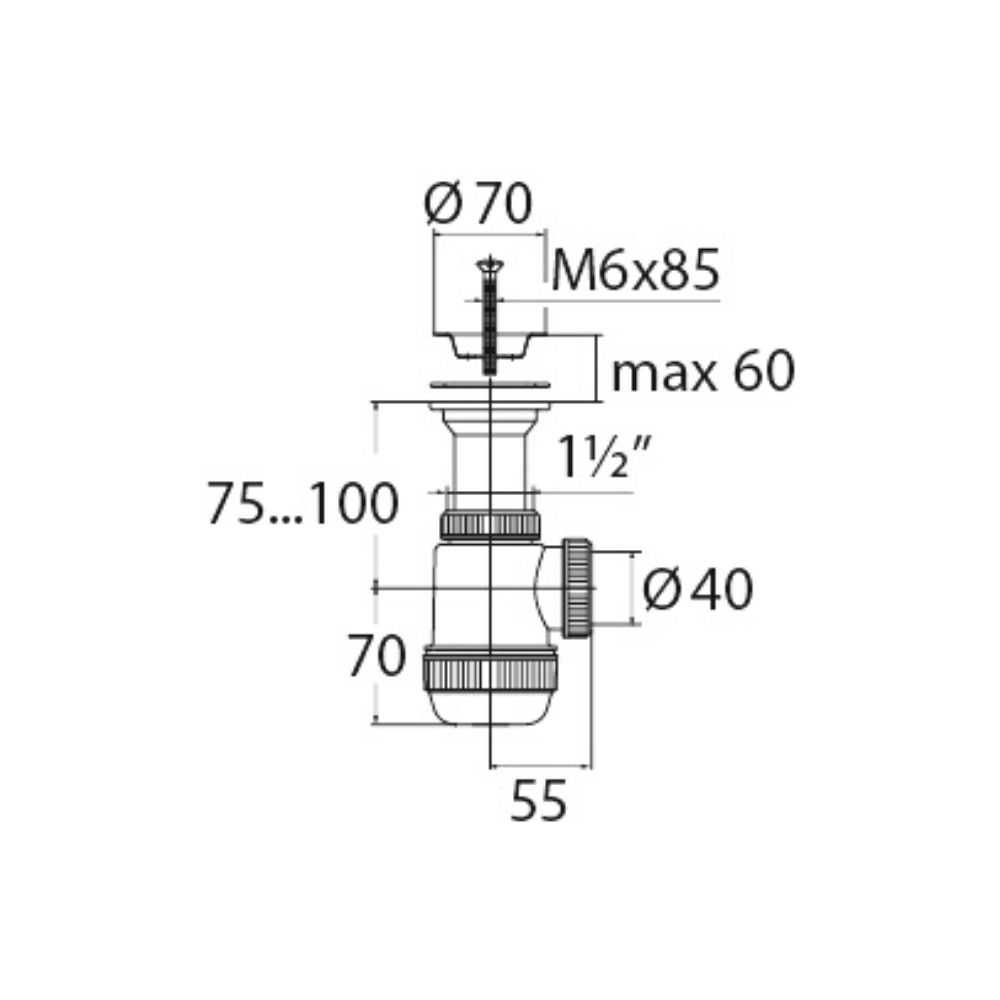 Сифон "МИНИ Элит" (30980672)  с литым выпуском и нерж.чашкой д.70мм (1 1/2"- д.40) 30980672 Santreyd  - Вид №1