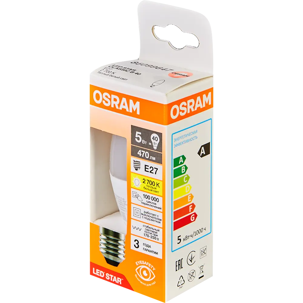 Лампа светодиодная Osram свеча 5Вт 470Лм E27 теплый белый свет STLM-2126704 - Вид №3